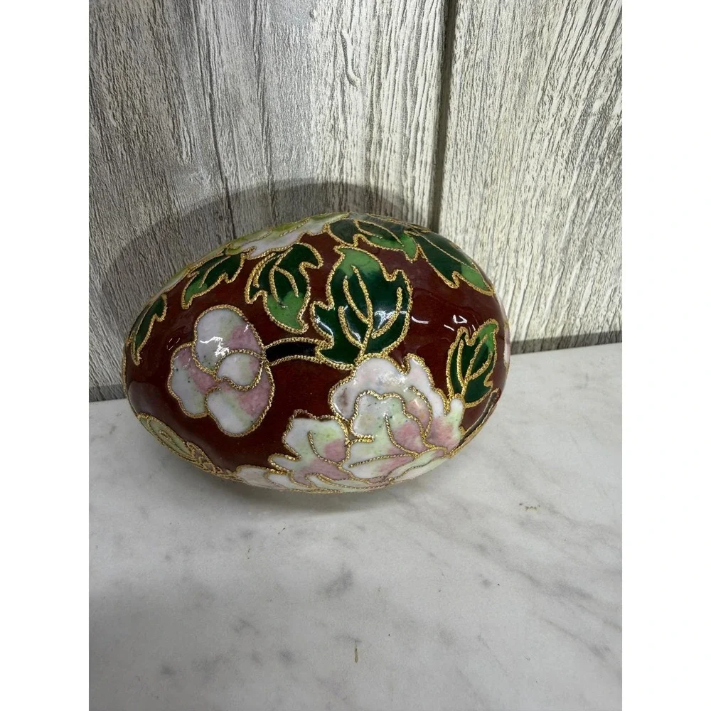 Vintage Cloisonne Enamel Floral Egg Burgundy Pink Green Gold Tone 3.5 Inch